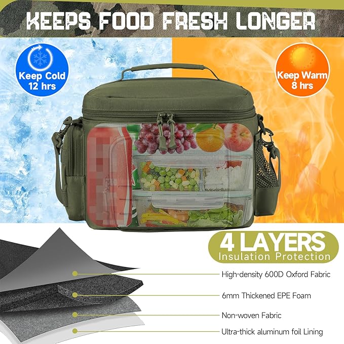 QT&ampQY Tactical Lunch Bag for Mens Military Heavy Duty Lunch Box Work Leakproof Insulated Durable Thermal Cooler Bag for Adult Meal for Office Camping Picnic Pail MOLLE Webbing Army Green