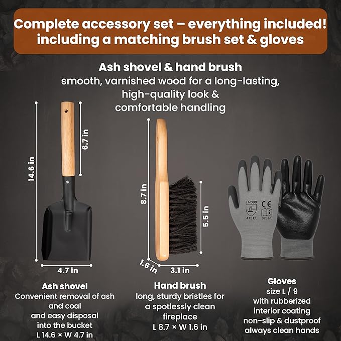 BLACK OAK Ash Bucket Pago 1.5 GAL - Black with lid with Wooden Handle + Brush + Shovel &amp Gloves - 5L Large Steel Fireproof Galvanized &amp Powder-Coated Bucket for ash Coal pellets Modern Desi