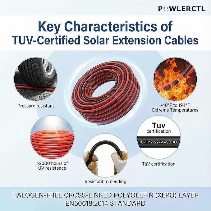 Solar Panel Extension Cable 10 AWG 100Ft 6mm² Wire Gauge Certified PV Cable100% Tinned Copper Heavy Duty with Male Female Waterproof mc4 Connectorsfor RV Home Boat Photovoltaic Systems