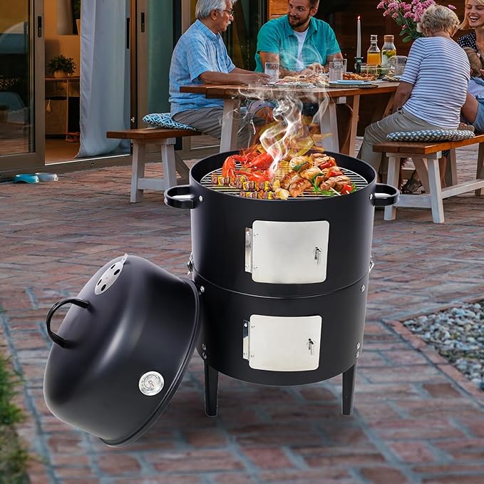17 inch Vertical Charcoal Smoker BBQ Grill Fire Pit 3-in-1 with Built-in Thermometer Adjustable Air Vent Idea for Parties Backyard Patio Camping