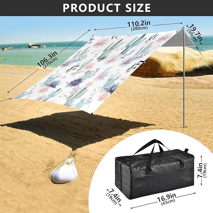 ALAZA Watercolor Flower Cactus Beach Tent Sun Shelter UPF50+ Protection Beach Shade Canopy w/ 4 Sandbags for Outdoor Camping Fishing Backyard Fun Picnic 10x9 ft