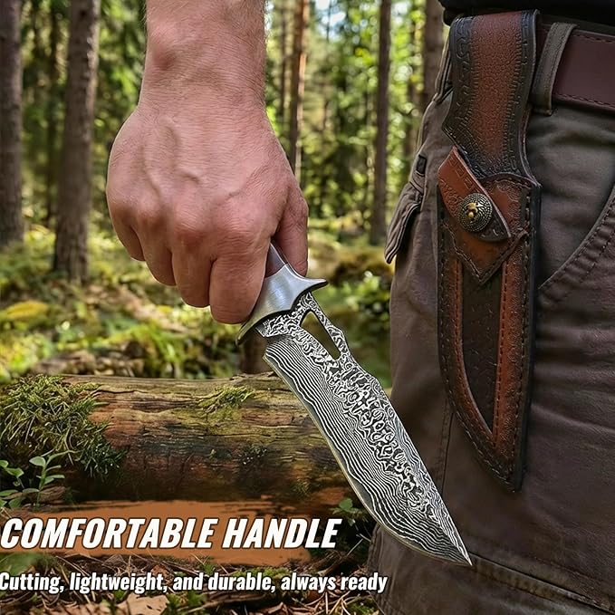 Fixed Blade Hunting Knife with Leather Sheath - 10 Full Tang Stainless Steel Camping Knife with Ergonomic Wood Handle &amp Damascus Pattern - Sharp Outdoor Survival Tool for Hiking Bushcraft Fishi