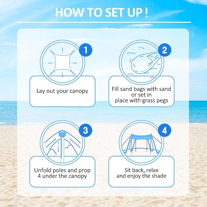 Beach Tent Sun Shelter with UPF 50+ UV Protection Beach Canopy Sun Shade 11x11 FT with Sandbags Poles and Ground Pegs and Anti-Wind Ropes Pop Up Tent for Camping Backyard and Picnics