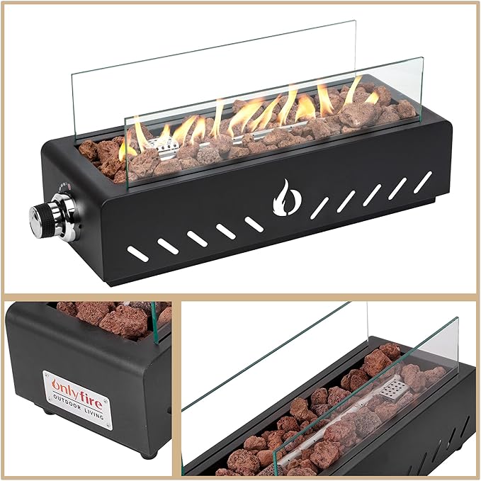 ONLYFIRE OUTDOOR LIVING 18 Propane Gas Fire Pit with Glass Wind Guard &amp Lava Rocks Portable Tabletop Smokeless Firepit Side-Mounted for Patio Backyard Camping Tailgating RV Hose Included FP026