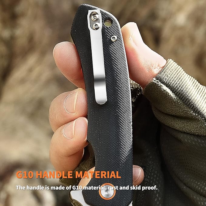 Pocket KnifeFolding EDC Tactical KnifeCamping Survival Knife 3.54'' D2 Blade Steel and G10 Handle Liner Lock Reversible Clip Everyday Carry for Men Knife Outdoor Survival
