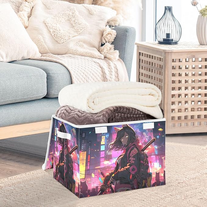 Woman Anime Street Large Storage Bins with Linen Foldable Storage Box Fabric Organizer Bin with Flip-Top Lid for Home Office 16.5 x 12.6 x 11.8 Inch