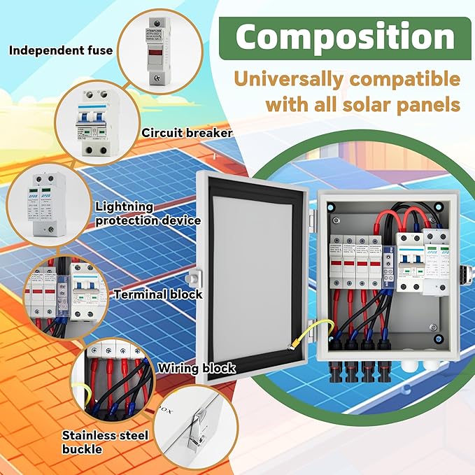 4 String Solar Combiner Box IP65 Waterproof PV Combiner Break for On/Off Grid Solar System with Lightning Arrester 15A Rated Current Fuse&amp 63A Circuit Breaker (Metal Box)