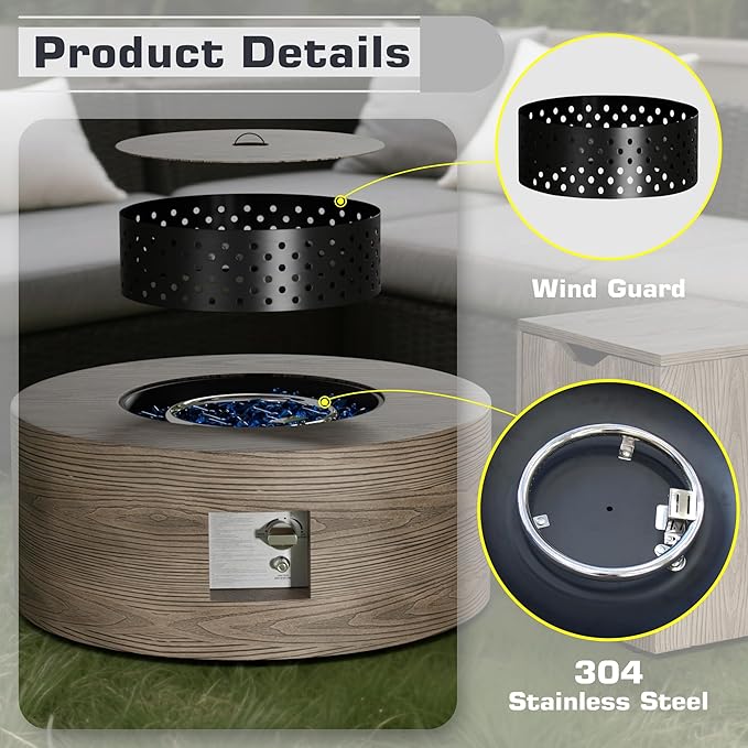 2-Piece 30 Round Propane Fire Pit for Outside Patio with Hidden Tank Table 50000 BTU Fireplaces with Wind Guard Lid Glass Rocks Cover(Wood Grain Walnut)