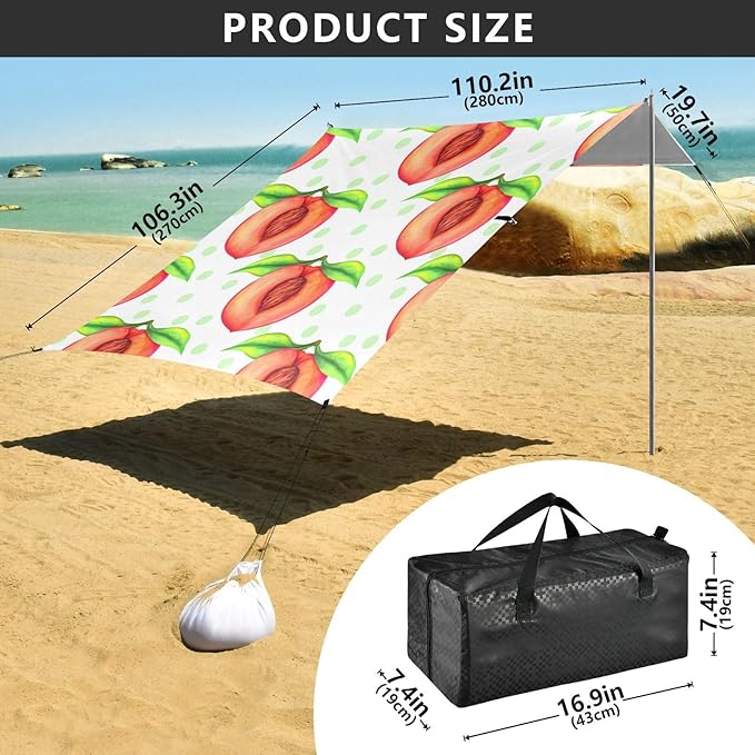 Beach Canopy with Windproof Ropes &amp Sandbags Beach Tent Sun Shade Sun Shelter for Camping Trips Fishing Backyard Fun or Picnics Peach
