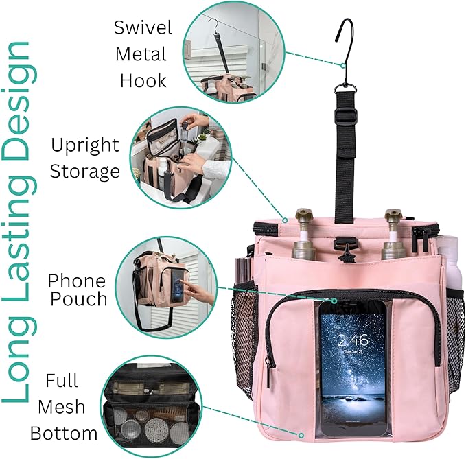 TERRA HOME XL Portable Shower Caddy Bag for Girls with Extra Storage Durable Mesh Bottom Shoulder Strap Keychain Holder Shower Caddy Case for College Dorms - Travel Vacation Essentials (Blush Pink)