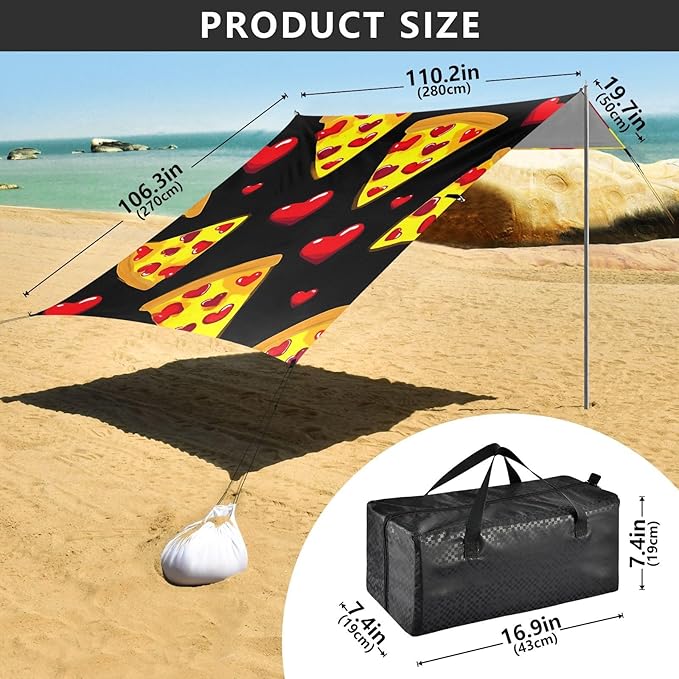 ALAZA Pizza Red Heart Pattern Beach Tent Sun Shelter Portable Canopy Sunshade for Outdoor Camping Picnics Backyard Fun 10x9 ft