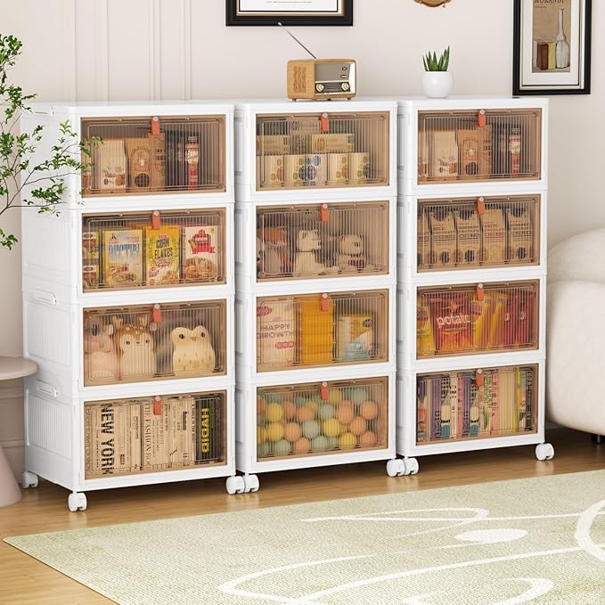4 Tier Plastic Storage Bins with Lid 28QT - Stackable Wheeled Collapsible Storage Containers for Living Room Office Dorm