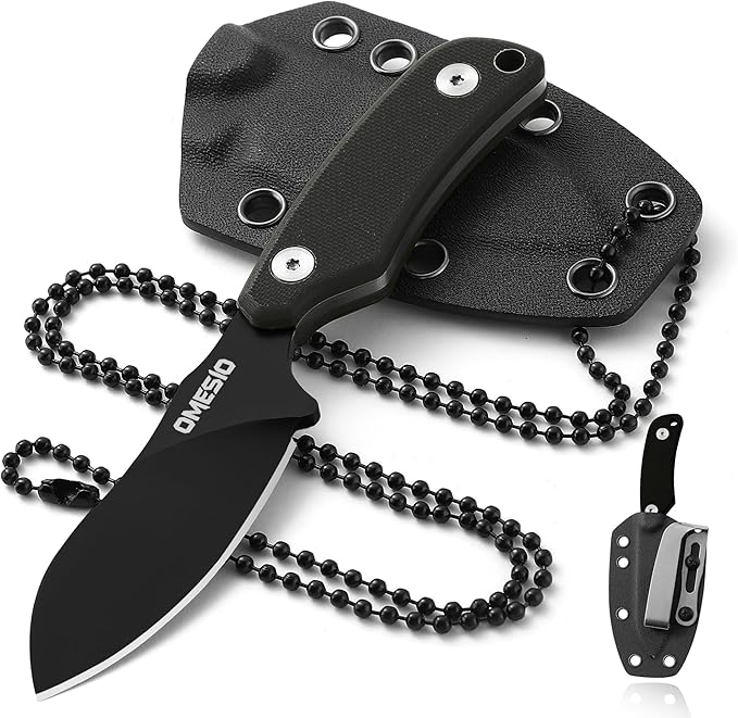Omesio Neck Knife 5.82 Small Fixed Blade Tactical Knife Compact Full Tang EDC Neck Knife with Sheath and Clip Nessmuk D2 Steel G10 Handle Mini Knife Necklace for Outdoor Hiking Camping