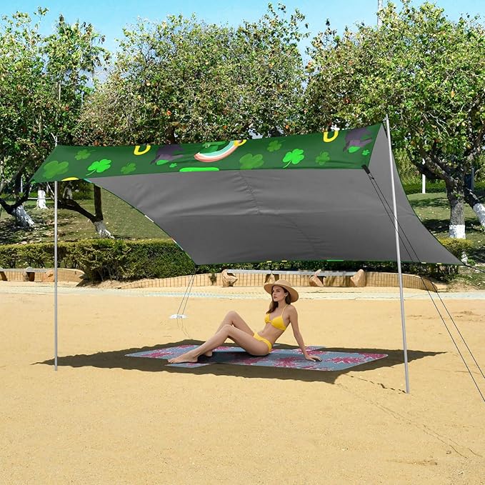 Beach Canopy with Windproof Ropes &amp Sandbags Beach Tent Sun Shade Sun Shelter for Camping Trips Fishing Backyard Fun or Picnics St. Patrick's Day