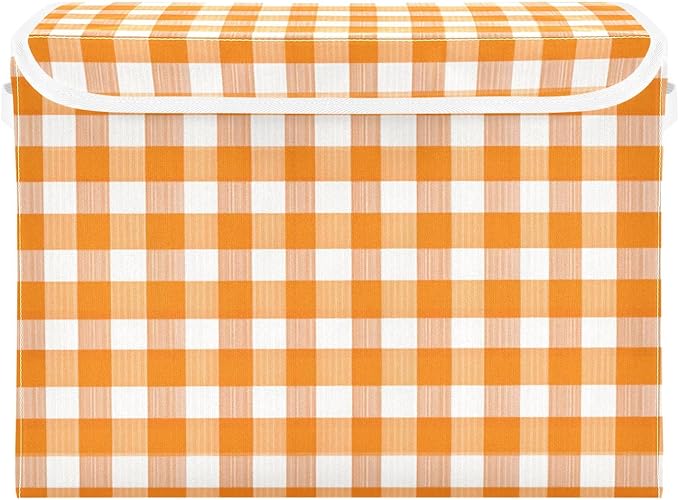 Orange Gingham Checkered Storage Box with Lid 1 PC Foldable Storage Bin with Lids Stackable Storage Bins Cube Closet Organizer Basket with Flip-Top Lid &amp Handles for Shoes Books Towels