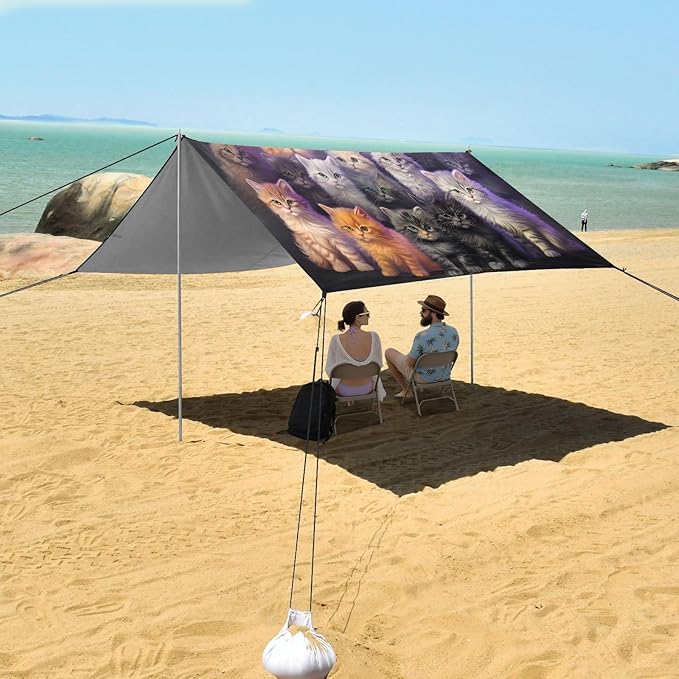 ALAZA Cat Kitten Collection Beach Tent Sun Shelter UPF50+ Protection Beach Shade Canopy w/ 4 Sandbags for Outdoor Camping Fishing Backyard Fun Picnic 10x9 ft