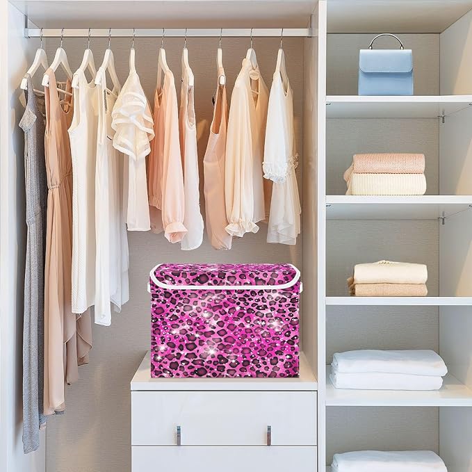 Leopard Gradient Glitter Decoration Sequins Peach Purple Storage Box with Lid Stackable Fabric Storage Large Storage Bins