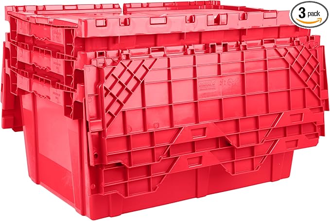 Hudson Exchange 27.3 x 17.2 x 12.6 (3 Pack) Storage Tote Distribution Container with Hinged Attached Lid Red