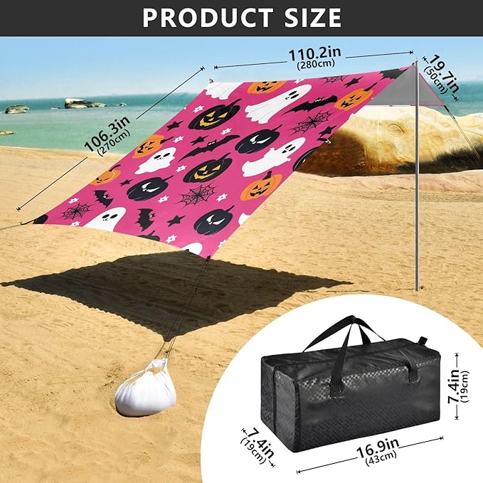 ALAZA Cute Ghost Pumpkin Pattern Beach Tent Sun Shelter Portable Canopy Sunshade for Outdoor Camping Picnics Backyard Fun 10x9 ft