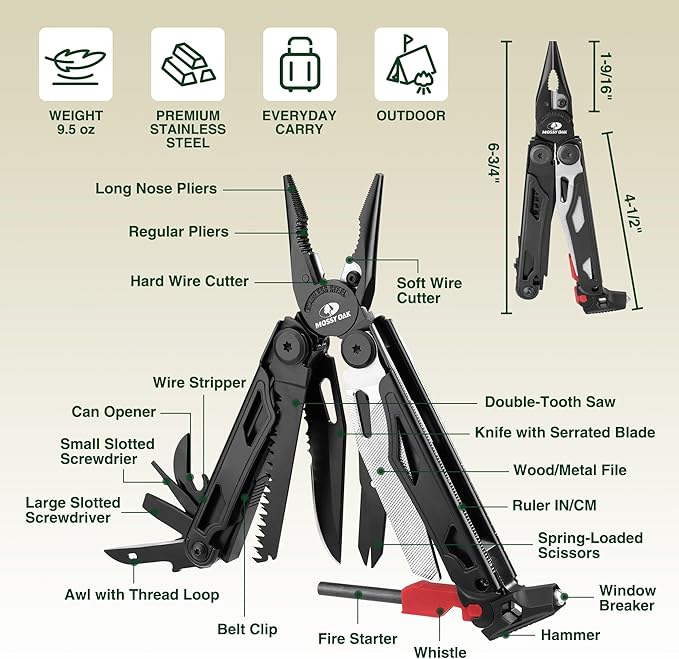 MOSSY OAK Multitool 19-in-1 Stainless Steel Multi Tool Pliers Survival Tools with Fire Starter Window Breaker Whistler Self-locking EDC Gear with Sheath for Outdoor Survival Camping Hiking