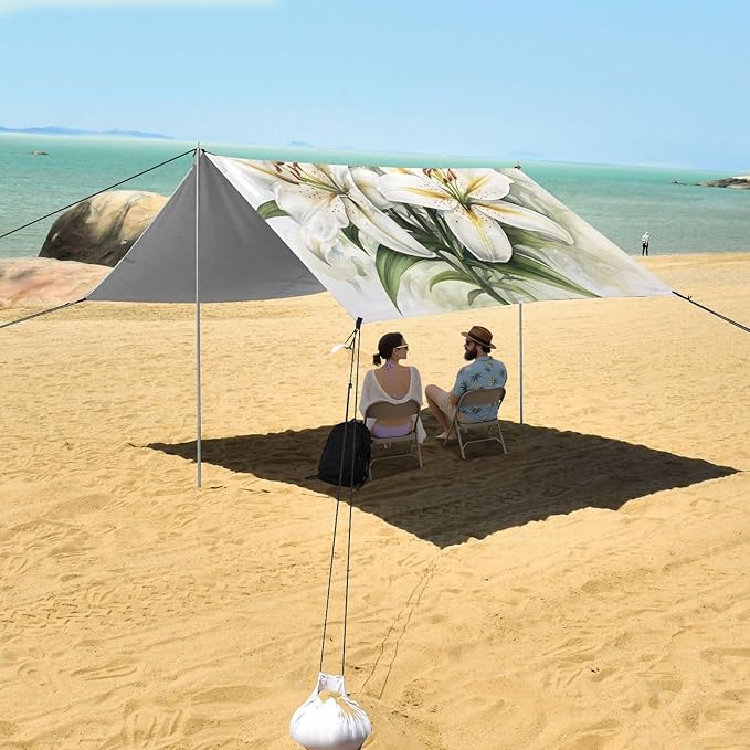 ALAZA Watercolor A Graceful Collection of White Lily Beach Tent Sun Shelter Portable Canopy Sunshade for Outdoor Camping Picnics Backyard Fun 10x9 ft