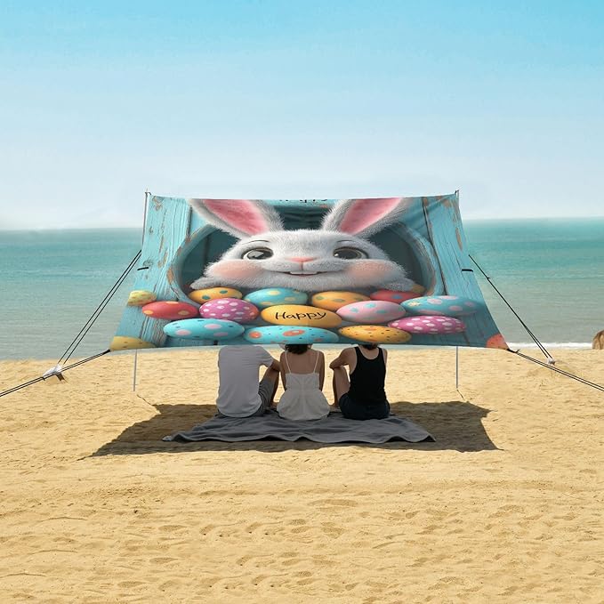 Easter Eggs Cute Bunny Beach Tent Sun Shelter Set UPF50+ UV Protection 10.5 x 9.19 FT Camping Shade Canopy with Sandbags Sand Anchors Carrying Bag and Others