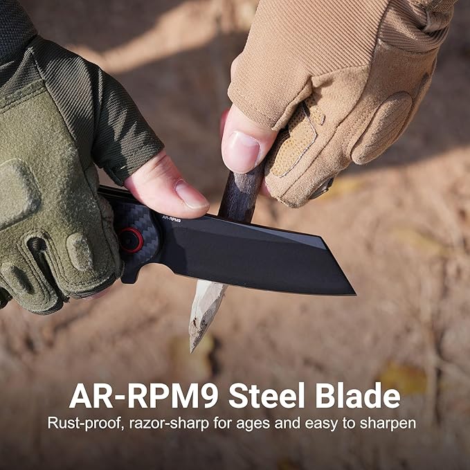CJRB Crag Folding Pocket Knife 3.43 AR-RPM9 Steel Blade Carbon Fiber Handle EDC Knife with Pocket Clip for Men Women Camping Survival Hiking Black (J1904)
