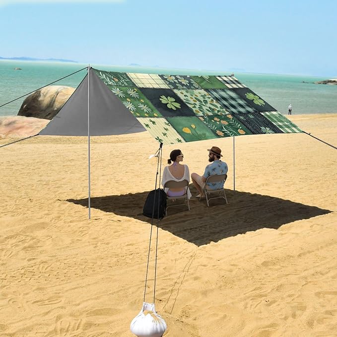 St Patrick's Green Plaid Beach Tent Sun Shelter Set UPF50+ UV Protection 10.5 x 9.19 FT Camping Shade Canopy with Sandbags Sand Anchors Carrying Bag and Others