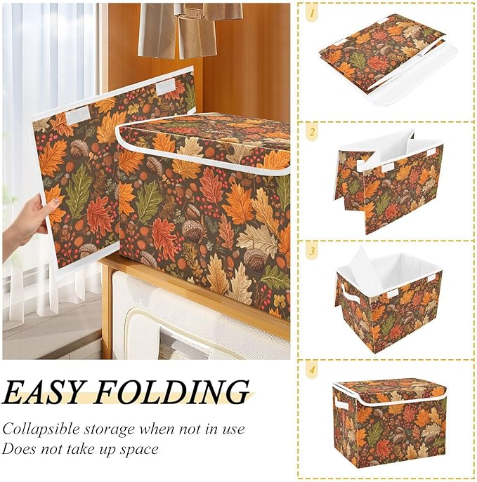 Storage Bins with Lids Storage Containers Box Organizer Bin Basket with Handles for Closet Shelves Clothes Stackable Foldable Decorative Brown Maple Leaves Acorns Berries Branches