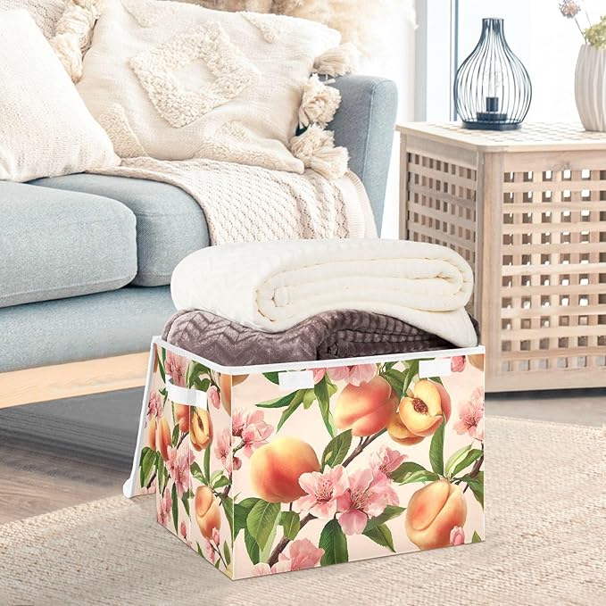 Collapsible Storage Bins with Lids Decorative Fabric Storage Cubes Closet Organizer and Storage Basket Boxes Containers for Clothes Box Chest Nursery Folding Rectangle Pink Peach Blossoms01