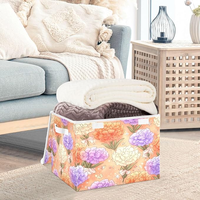 Storage Bins With Lid Stackable Fabric Closet Organizer Clothing Storage Large Boxes For Closet Shelves Bedroom Orange Carnations Bows Leaves