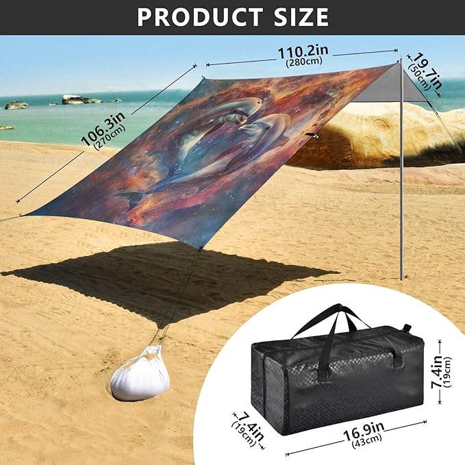 ALAZA Two Dolphins Nebula Beach Tent Sun Shelter Portable Canopy Sunshade for Outdoor Camping Picnics Backyard Fun 10x9 ft