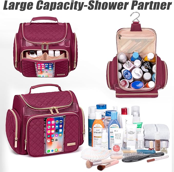 Large Toiletry Bag for Women MenBathroom BagWater Resistant Shower BagMakeup BagPortable Shower Caddy for College DormHanging Travel Toiletry Bag with Transparent Waterproof Phone Pocket