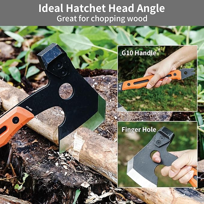 HX OUTDOORS Multifunctional Splitting Axe Full Tang Survival Camping Tactical Wood HatchetCamp Bushcraft Hand Axes with Hammer and Nail Puller (Orange)