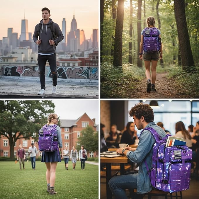 45L Military Tactical Backpack for Men &amp Women Bug Out Bag Assault pack Molle Daypack Hiking Trekking Rucksack (2.0 side pockets (purple tie-dye)