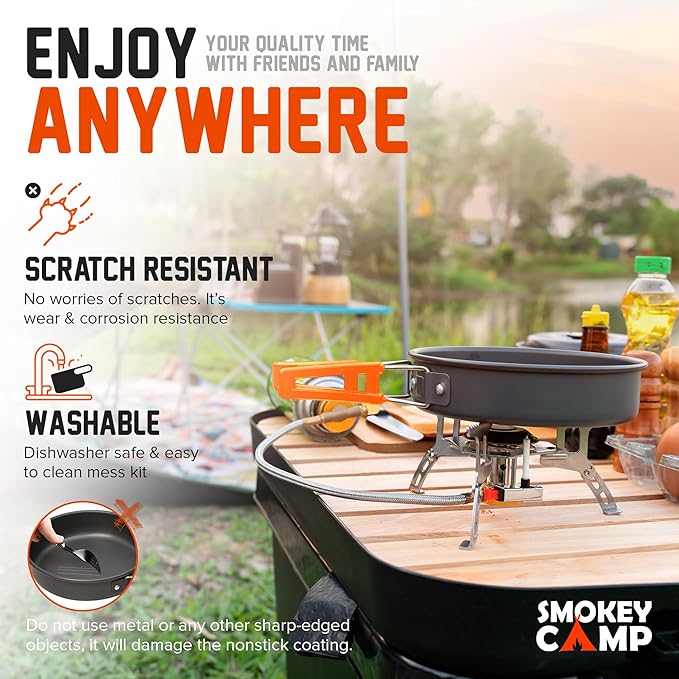 Smokey Camp Camping Cookware Mess Kit Set with Stove - Backpacking Camping Pots and Pans Set All in One Non-Stick Camping Cooking Set Portable Stove Hiking Picnic Outdoor &amp Camping Cookware S