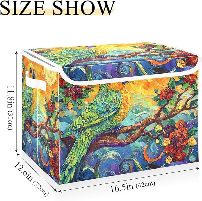Fantastic Parrot Storage Cube Bins Basket with Lid Collapsible Flip-top Fabric with Handle for Home Bedroom Closet Office 16.5×12.6×11.8 in