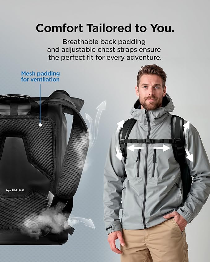 Spigen for Waterproof Backpack IPX6 35L Roll Top Travel Rucksack Fits up to 16 Inch Laptop Multi-Compartment Bag Ventilated Back Chest Strap Hiking Camping Swimming Canoeing Fishing