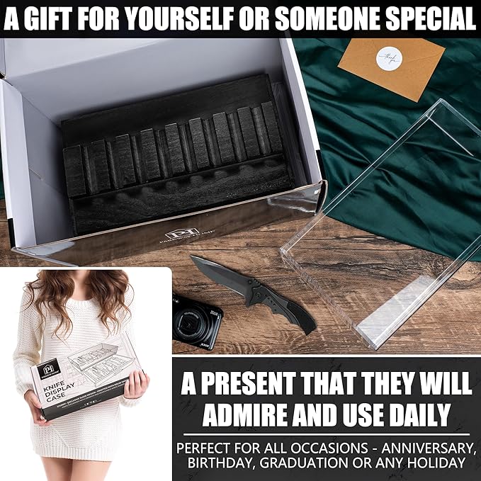 Black Pocket Knife Display Case with Sturdy Clear Cover - Wooden Knife Collection Case for 16 Knives - Two-Tier Knife Cases for Collections with a Removable Drawer Insert for Other EDC Items