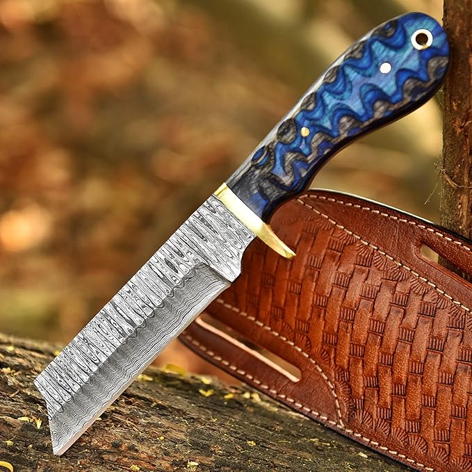 8 Handmade Damascus Bull Cutter Knife with Pancake Sheath - Western Cowboy knife for Hunting Skinning Camping and outdoor activities