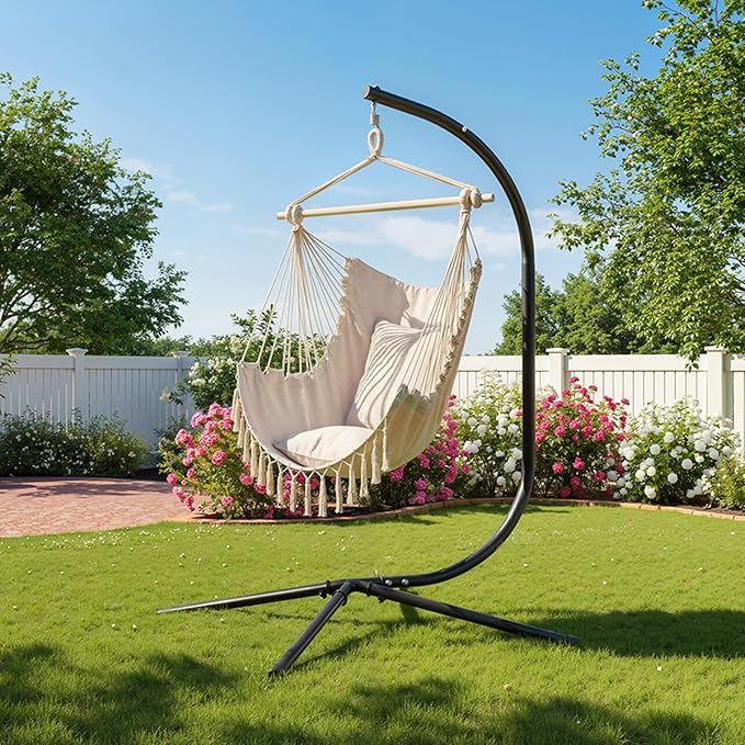 ONCLOUD Hanging Chair Stand Only Elegant Solid Steel Hammock Chair Stand C Frame Swing Stand for Egg Chairs Macrame Hanging Chairs Weatherproof Steel Hammock Stand for Indoor Outdoor