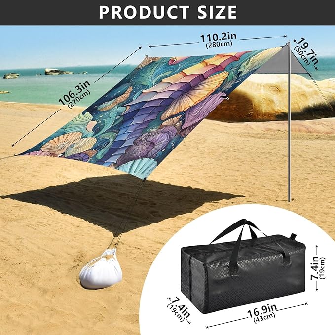 ALAZA Seahorse Seashell Beach Tent Sun Shelter Portable Canopy Sunshade for Outdoor Camping Picnics Backyard Fun 10x9 ft