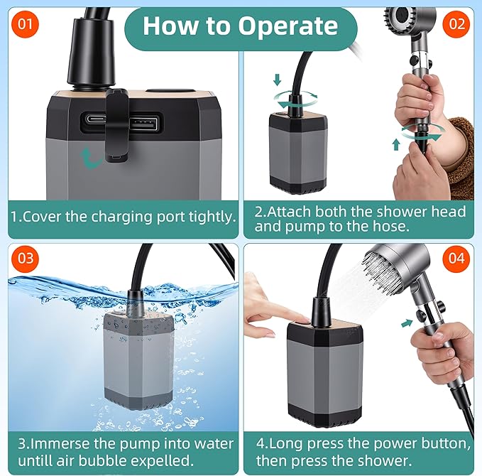AMTPM Portable Outdoor Shower 6000mAh Camping Shower with Digital Display 3 Modes Emergency Power Bank for Camping Hiking Pet Bathing Car Washing