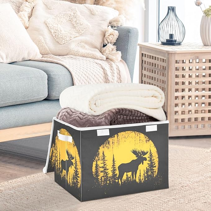 Storage Cube with Lid Moose Silhouettes Print 16.5×12.6×11.8 IN Collapsible Large Capacity Foldable Storage Basket Bin Organizer