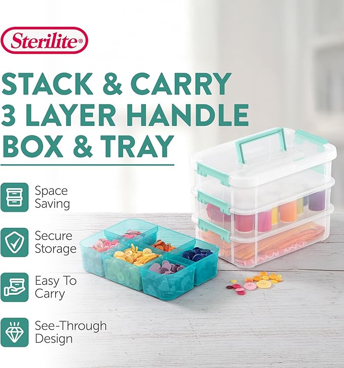 Sterilite 18 Pack Plastic Storage Box Container 3 Layer Stack and Carry Clear/Blue