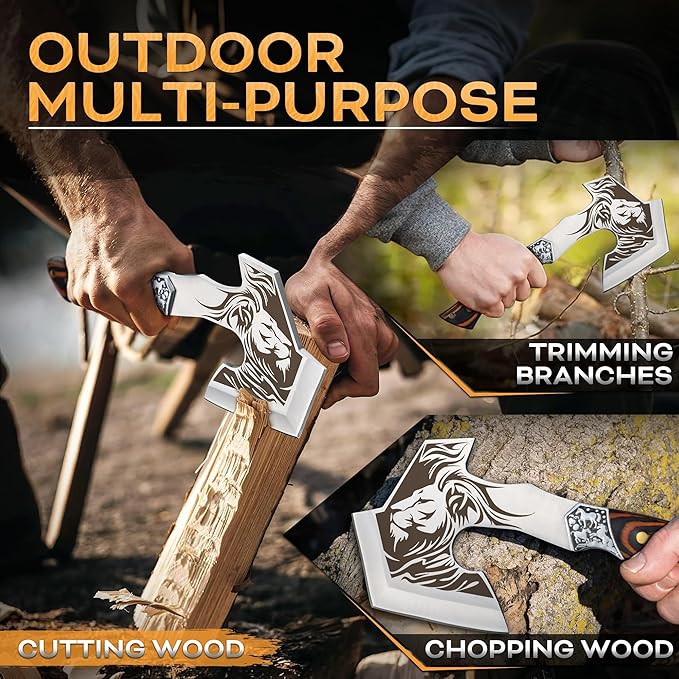 TIVOLI Camping Axe Lion - Patterned Survival Hatchet with Nylon Sheath High Carbon Steel Blade Compact Outdoor Bushcraft Axe with Ergonomic Wood Grip Camping Gear for Hiking Chopping Hunting