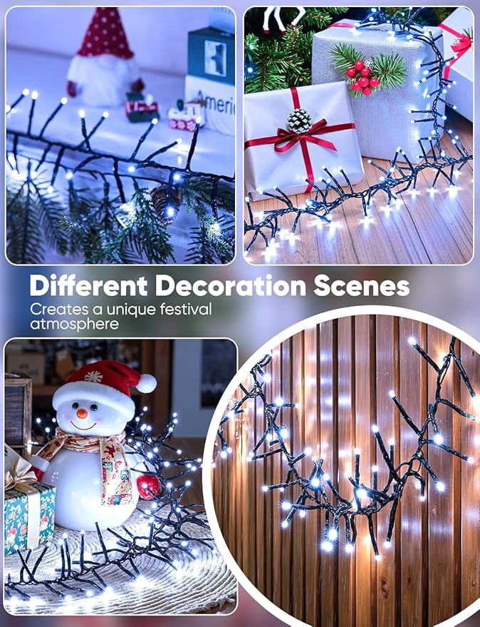Minetom Christmas Cluster Battery Operated Outdoor Lights 4 Pack 10Ft 120 LED Firecracker String Waterproof Twinkle for Wreath Xmas Tree Decorations Cool White