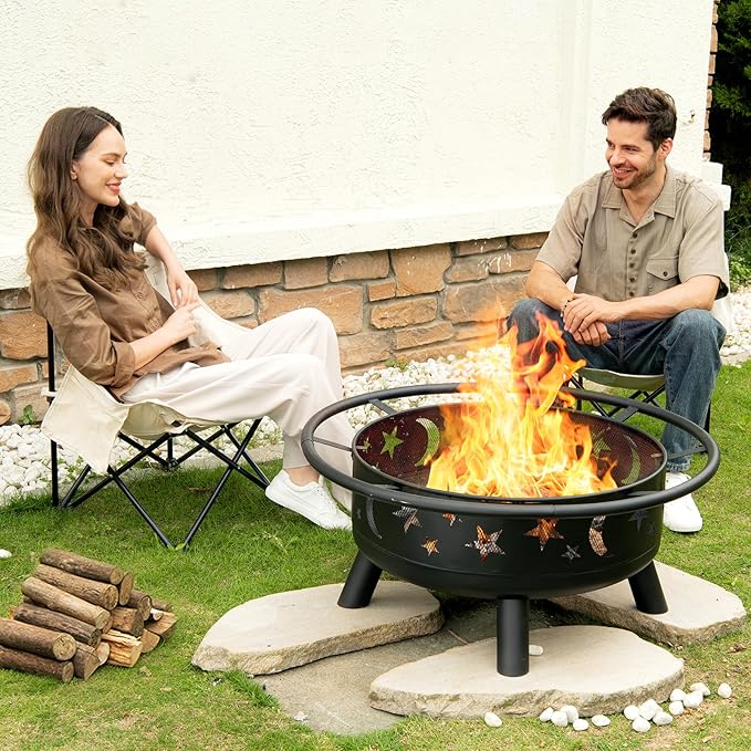 32 Inch Round Fire Pit with Mesh Cover Fire Poker Star and Moon Design Metal Wood Burning Outdoor Firepit for Patio Backyard Garden Bonfire PartyPerfect for Christmas Thanksgiving Halloween