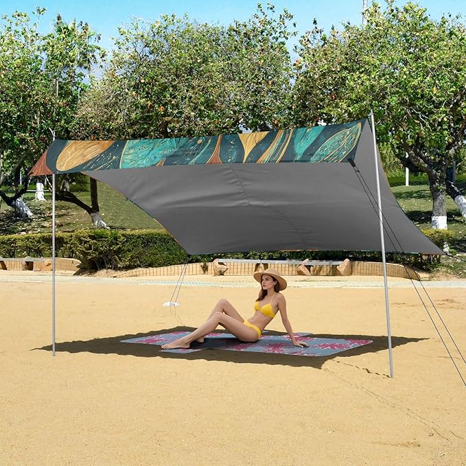 Vibrant Leaf Aqua Golden Beach Tent Sun Shelter Set UPF50+ UV Protection 10.5 x 9.19 FT Camping Shade Canopy with Sandbags Sand Anchors Carrying Bag and Others