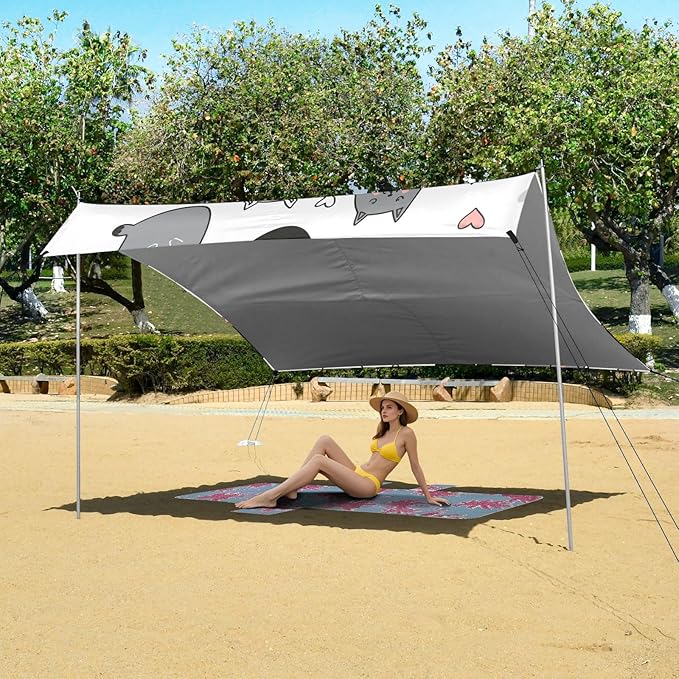 xigua Cat Pattern Beach Tent Sun Shelter with Carrying Bag - Silver Coated Oxford Fabric Beach Canopy for Beach Camping Fishing - Includes Windproof Ropes Sandbags &amp Stakes